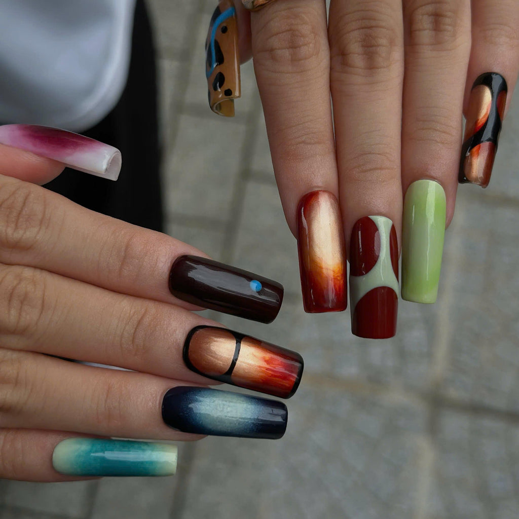 Abstract Press On Nails with Aura Gradient | Retro Mismatched Fake Nails in Long Square | Handmade Statement Nail Art for Party | JC511UI