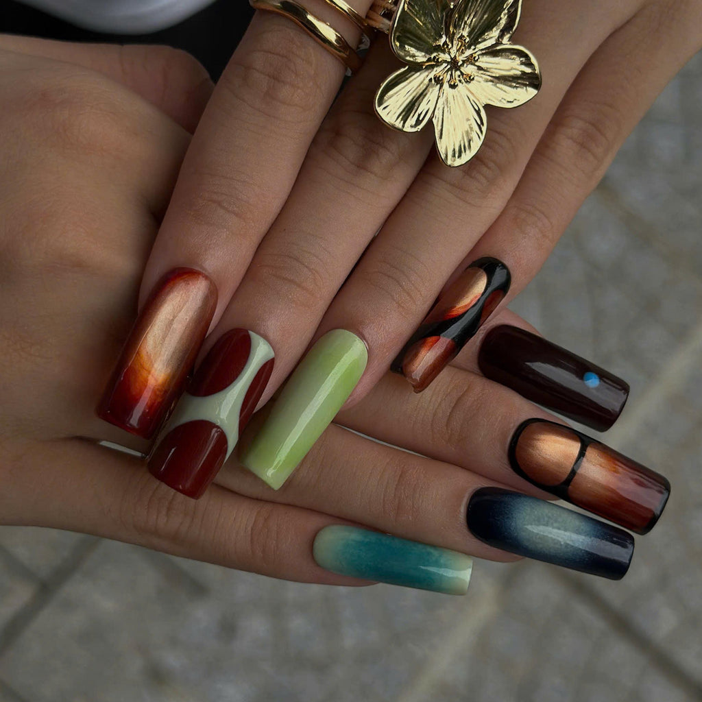 Abstract Press On Nails with Aura Gradient | Retro Mismatched Fake Nails in Long Square | Handmade Statement Nail Art for Party | JC511UI