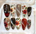 Hand-Painted Autumn Floral Press-On Nails, Red Flower, Gold Botanical Set
