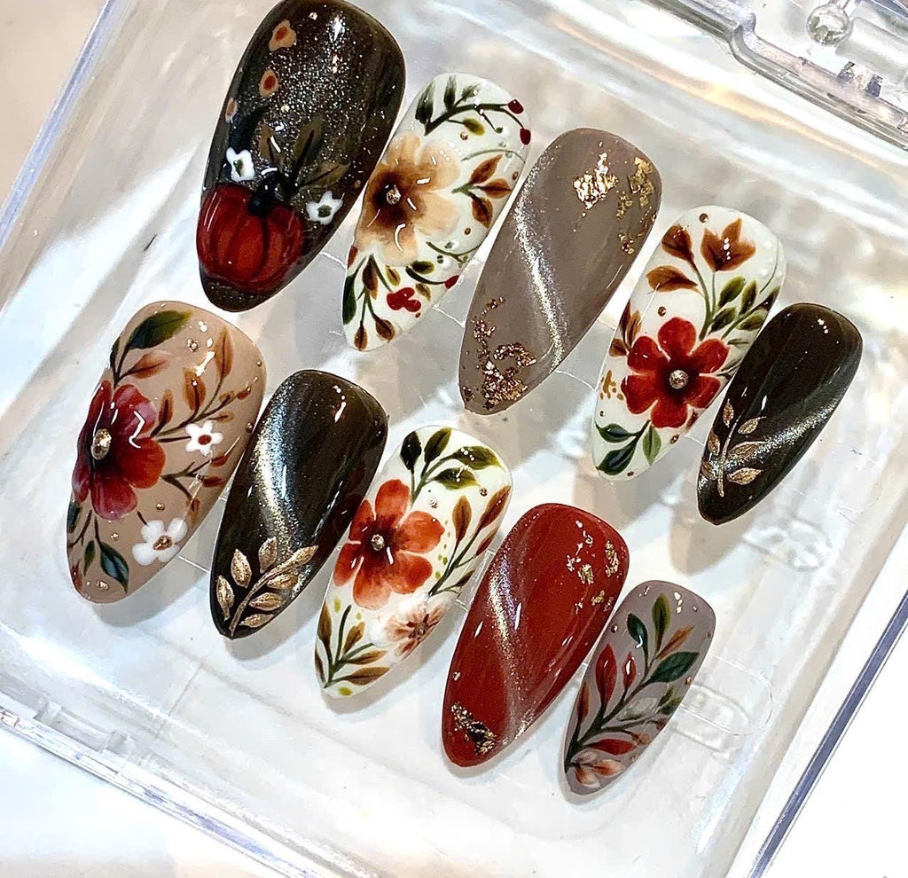 Hand-Painted Autumn Floral Press-On Nails, Red Flower, Gold Botanical Set