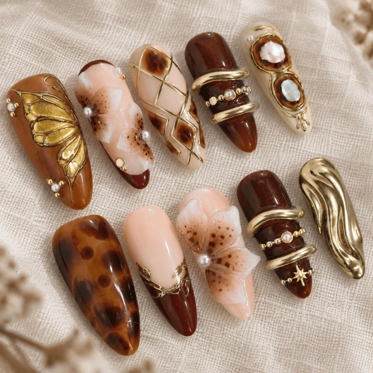 Fall Brown Press On Nails, Tortoise Shell 3D Floral Nails, Cozy Gold Chrome Nails