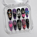 Spooky Emo Cartoon Press On Nails | Dark Y2K Halloween Vibes | Black Stiletto Nails | Spiderweb Ghost Nail | 3D Character Charm Art Nail