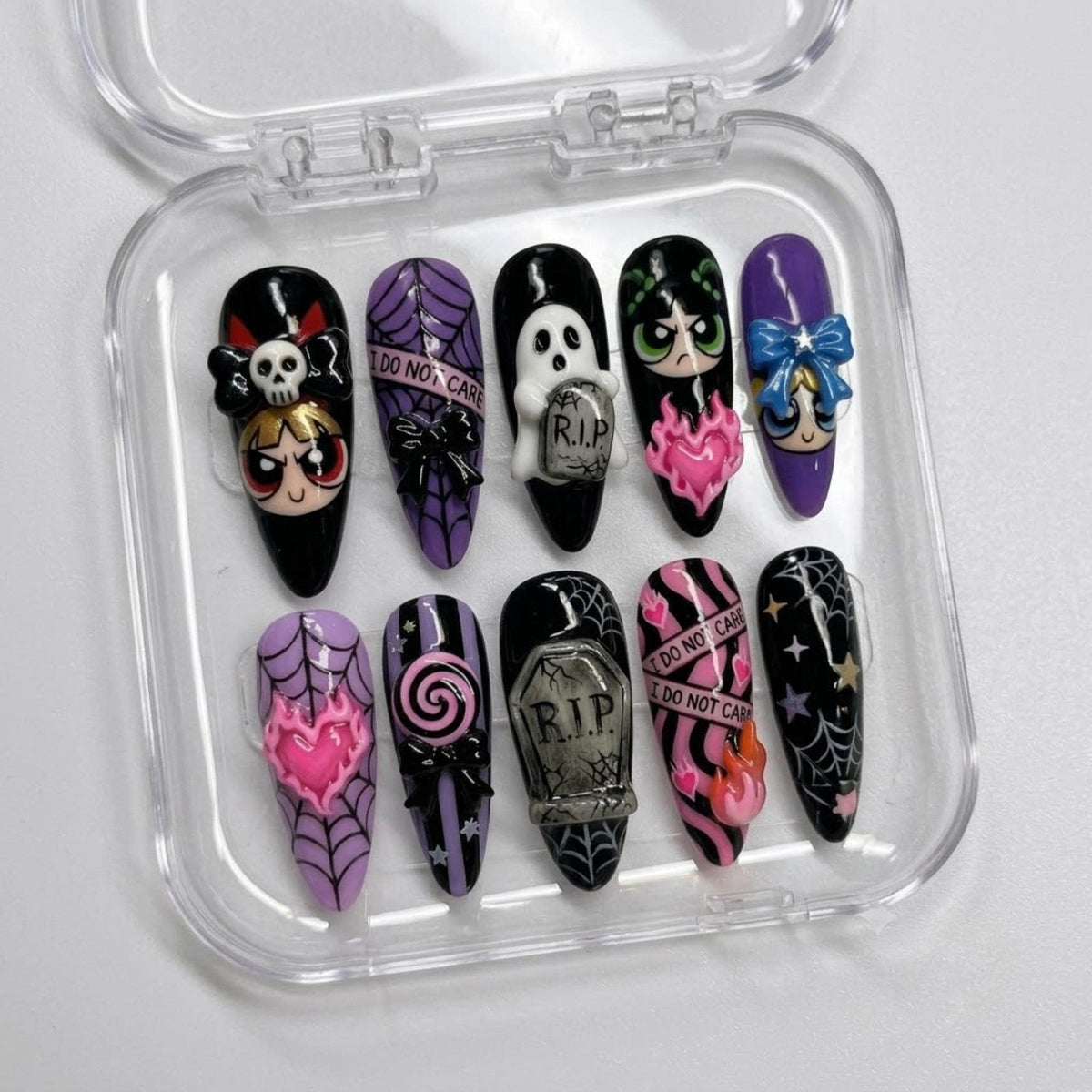 Spooky Emo Cartoon Press On Nails | Dark Y2K Halloween Vibes | Black Stiletto Nails | Spiderweb Ghost Nail | 3D Character Charm Art Nail