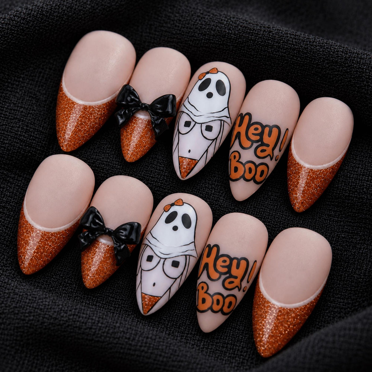 Kawaii Halloween Press On Nails, Cute Ghost Design with Black 3D Bows