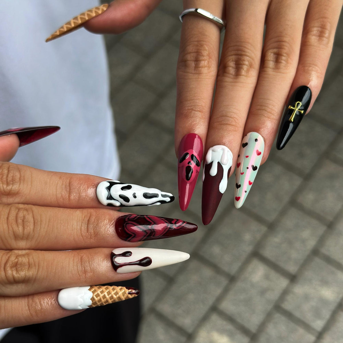 Gothic Press On Nails with Chocolate Drip , Burgundy Heart Nail Art , Handmade 3D Nails for Dark Romantic Style | JB512WA