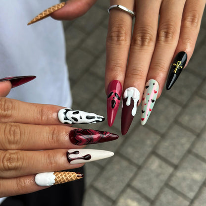 Gothic Press On Nails with Chocolate Drip , Burgundy Heart Nail Art , Handmade 3D Nails for Dark Romantic Style | JB512WA