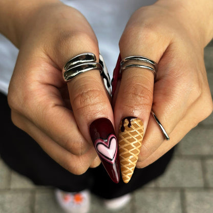 Gothic Press On Nails with Chocolate Drip , Burgundy Heart Nail Art , Handmade 3D Nails for Dark Romantic Style | JB512WA