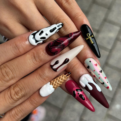 Gothic Press On Nails with Chocolate Drip , Burgundy Heart Nail Art , Handmade 3D Nails for Dark Romantic Style | JB512WA