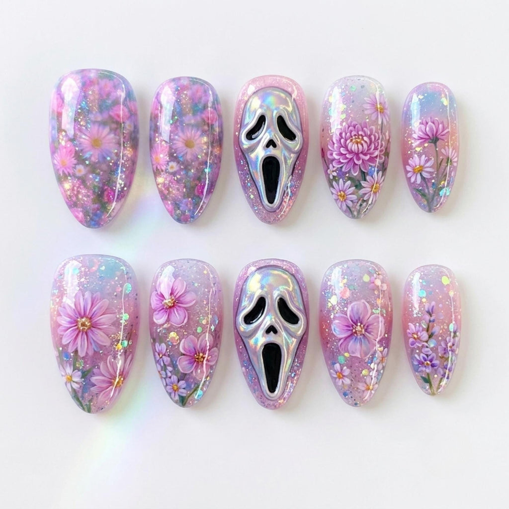 Ghostface Daisy Press On Nails | Pastel Creepy Cute Vibe | Y2K Glitter Almond | Purple Floral Nail | 3D Scream Silver Nail