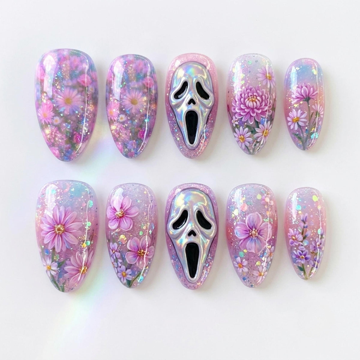 Ghostface Daisy Press On Nails | Pastel Creepy Cute Vibe | Y2K Glitter Almond | Purple Floral Nail | 3D Scream Silver Nail