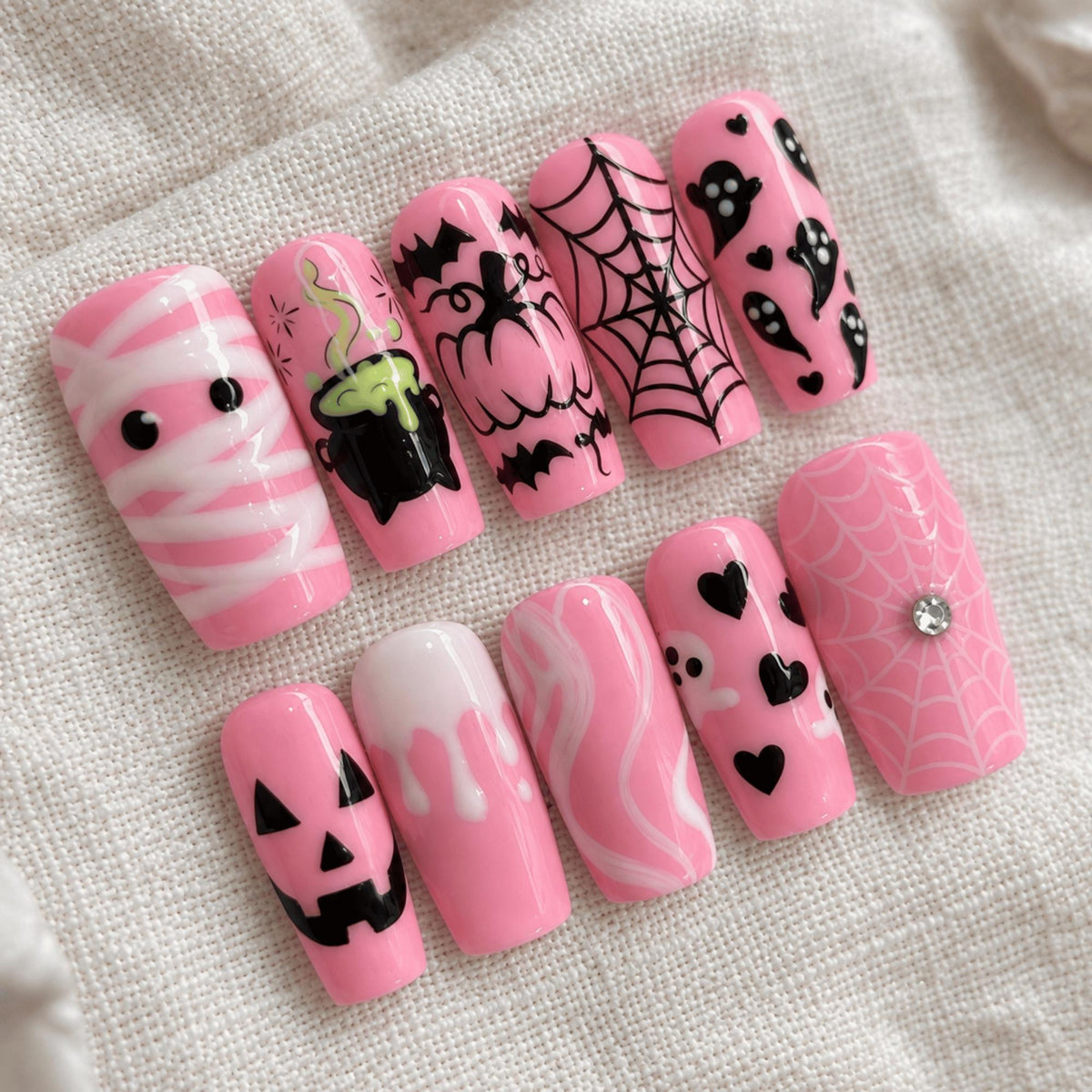 Pink Halloween Press On Nails, Handmade Spooky Ghost Pumpkin Nail Art