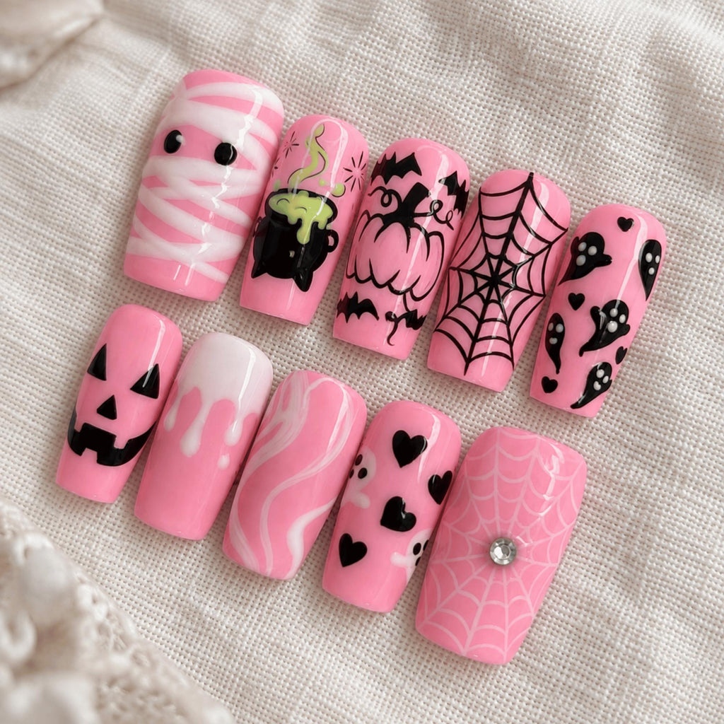 Pink Halloween Press On Nails, Handmade Spooky Ghost Pumpkin Nail Art