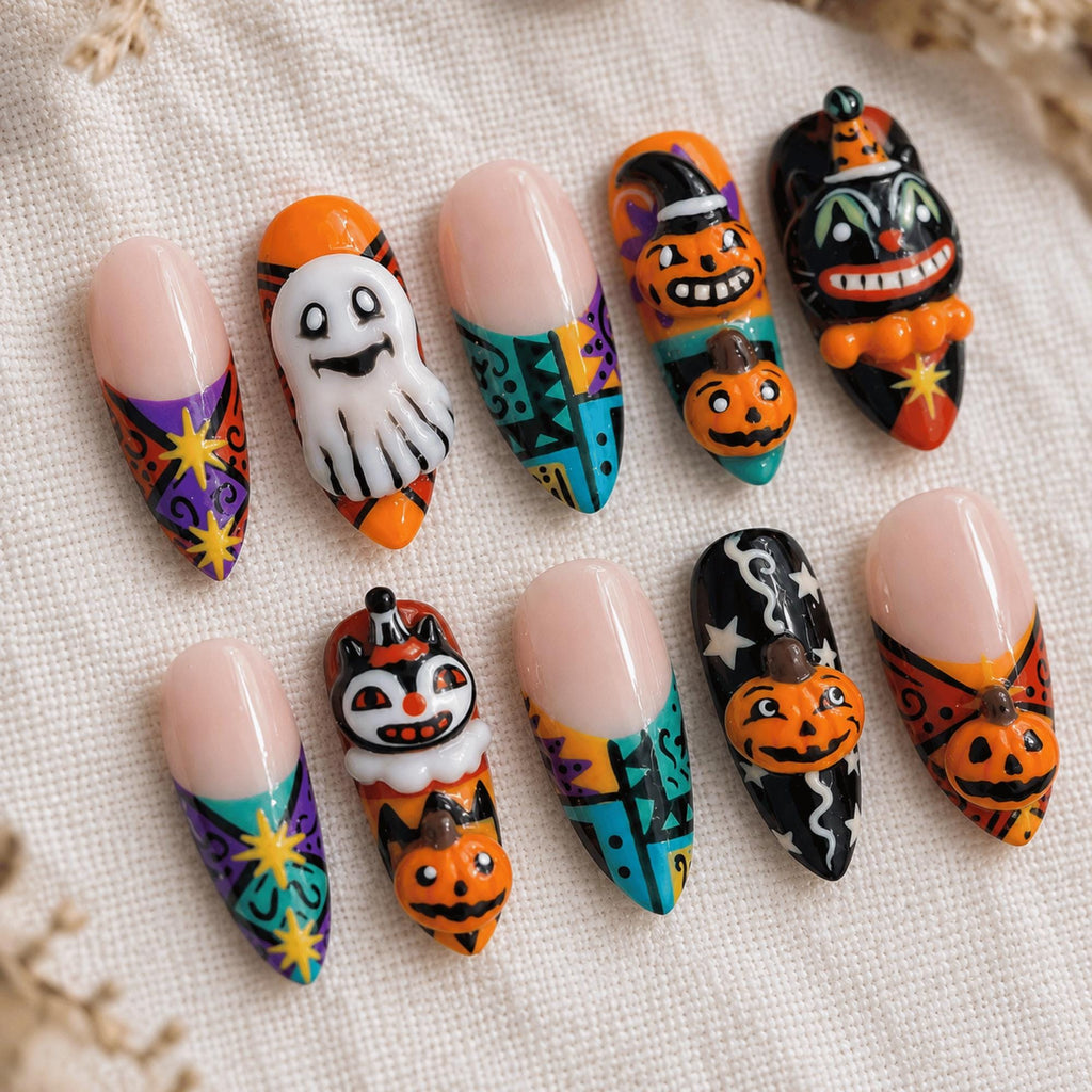 3D Retro Halloween Press On Nails, Black Cat Pumpkin Nails, Custom Spooky Ghost Nail Art