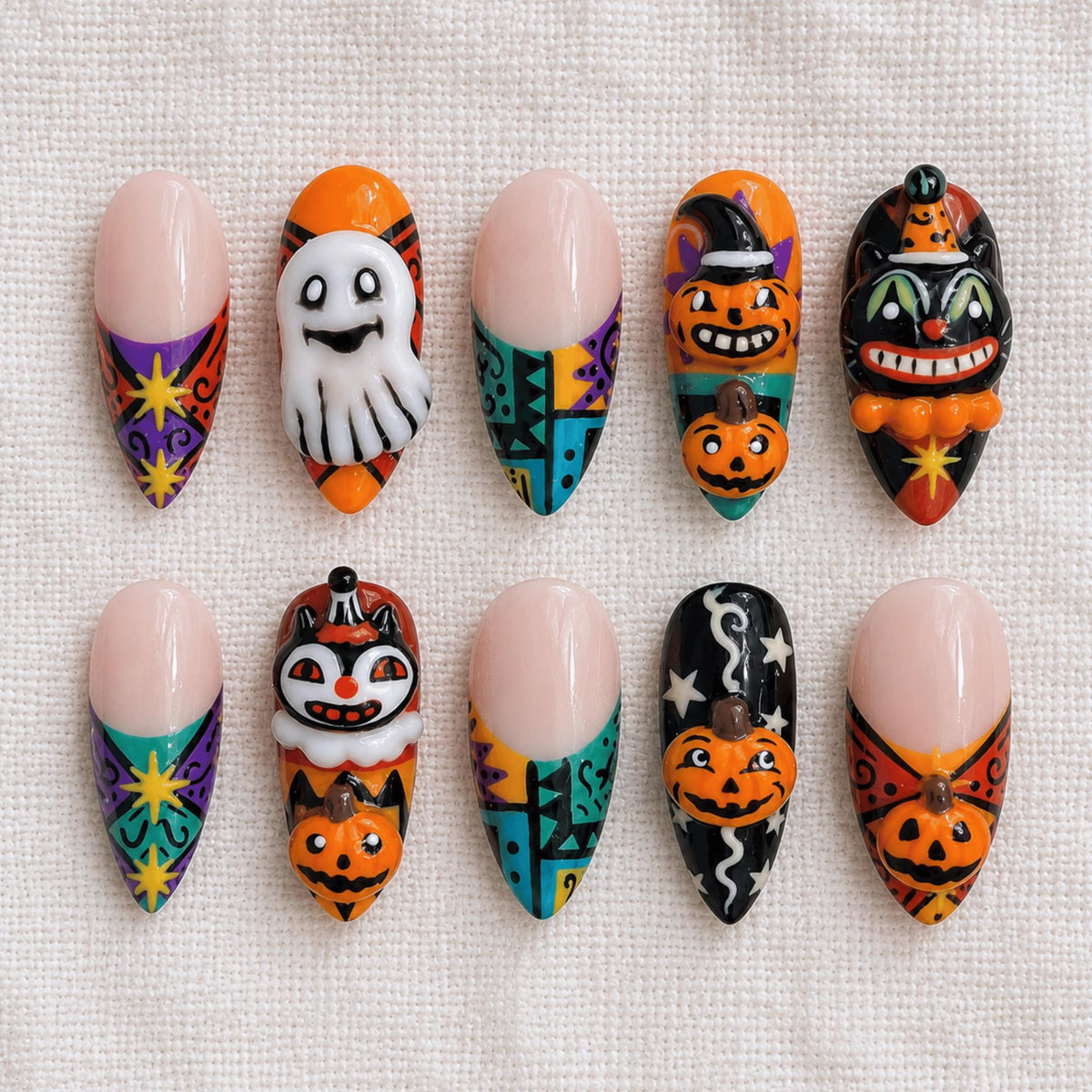 3D Retro Halloween Press On Nails, Black Cat Pumpkin Nails, Custom Spooky Ghost Nail Art