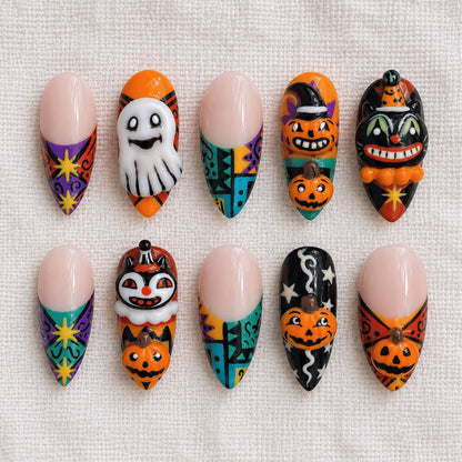3D Retro Halloween Press On Nails, Black Cat Pumpkin Nails, Custom Spooky Ghost Nail Art