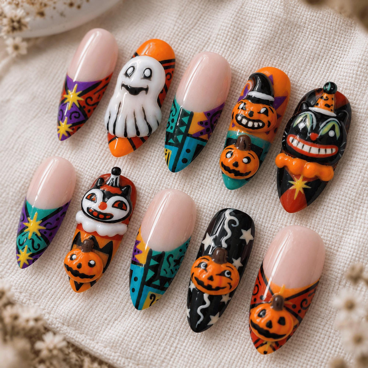 3D Retro Halloween Press On Nails, Black Cat Pumpkin Nails, Custom Spooky Ghost Nail Art