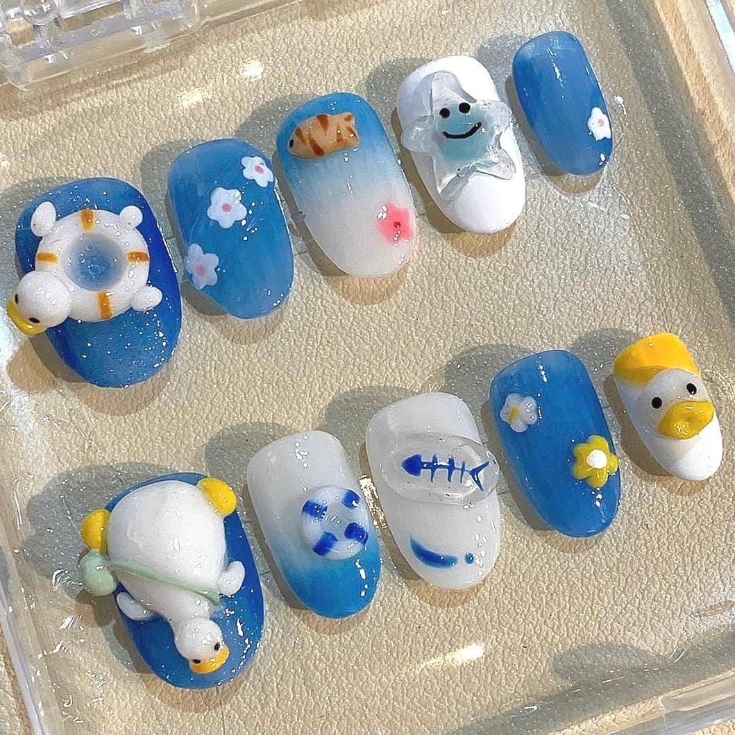 3D Duck & Starfish Press On Nails: Ocean Beach Nail Art