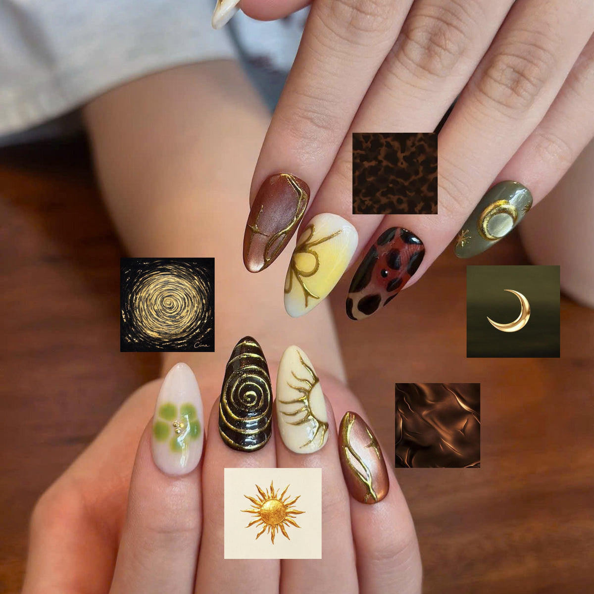 Earthy Press On Nails with Abstract Flowers | Mustard Yellow Olive Green Fake Nails | Handmade Botanical Nail Art for Fall | JB513UI