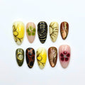 Earthy Press On Nails with Abstract Flowers | Mustard Yellow Olive Green Fake Nails | Handmade Botanical Nail Art for Fall | JB513UI