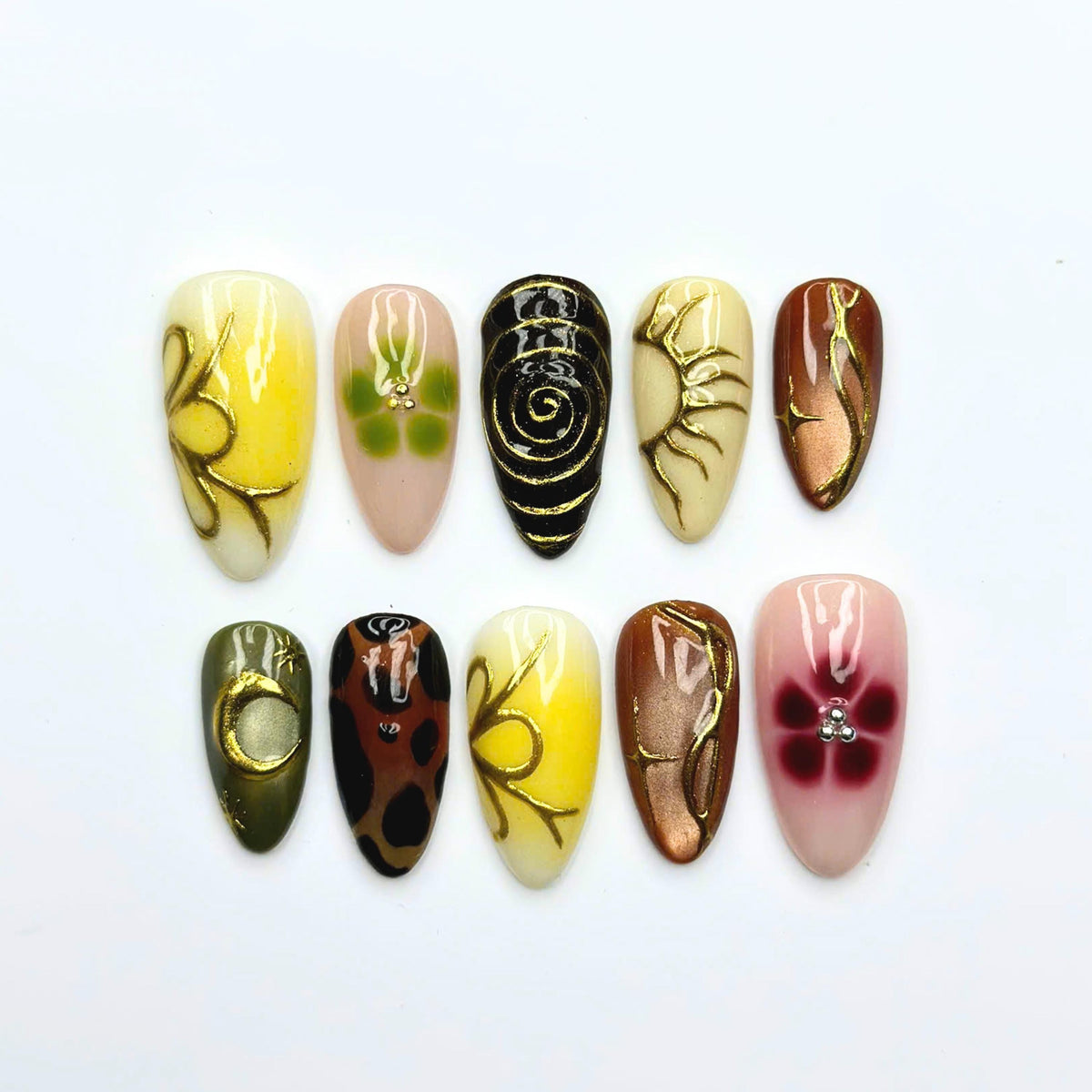 Earthy Press On Nails with Abstract Flowers | Mustard Yellow Olive Green Fake Nails | Handmade Botanical Nail Art for Fall | JB513UI