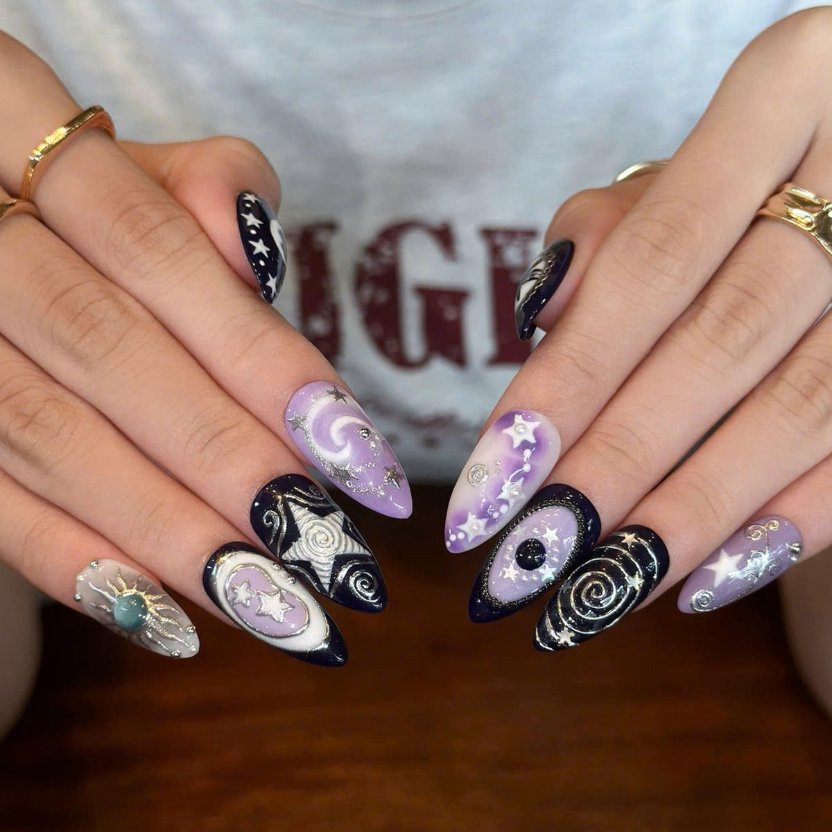 Celestial Press On Nails with Moon and Stars | Mystical Purple Silver 3D Nail Art | Handmade Almond Fake Nails for  Cosmic Style | JB516UI