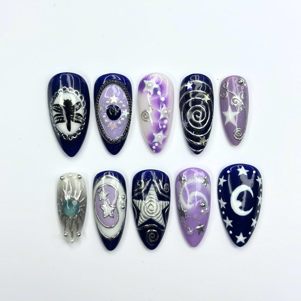 Celestial Press On Nails with Moon and Stars | Mystical Purple Silver 3D Nail Art | Handmade Almond Fake Nails for  Cosmic Style | JB516UI
