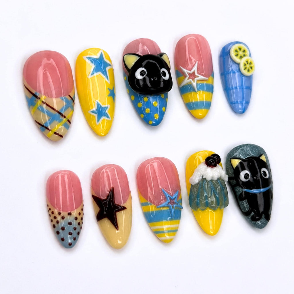 Cute Cat Press On Nails with 3D Kitty Art , Colorful Star Fake Nails , Handmade Whimsical Nails for Fall Gift |  JB517WI