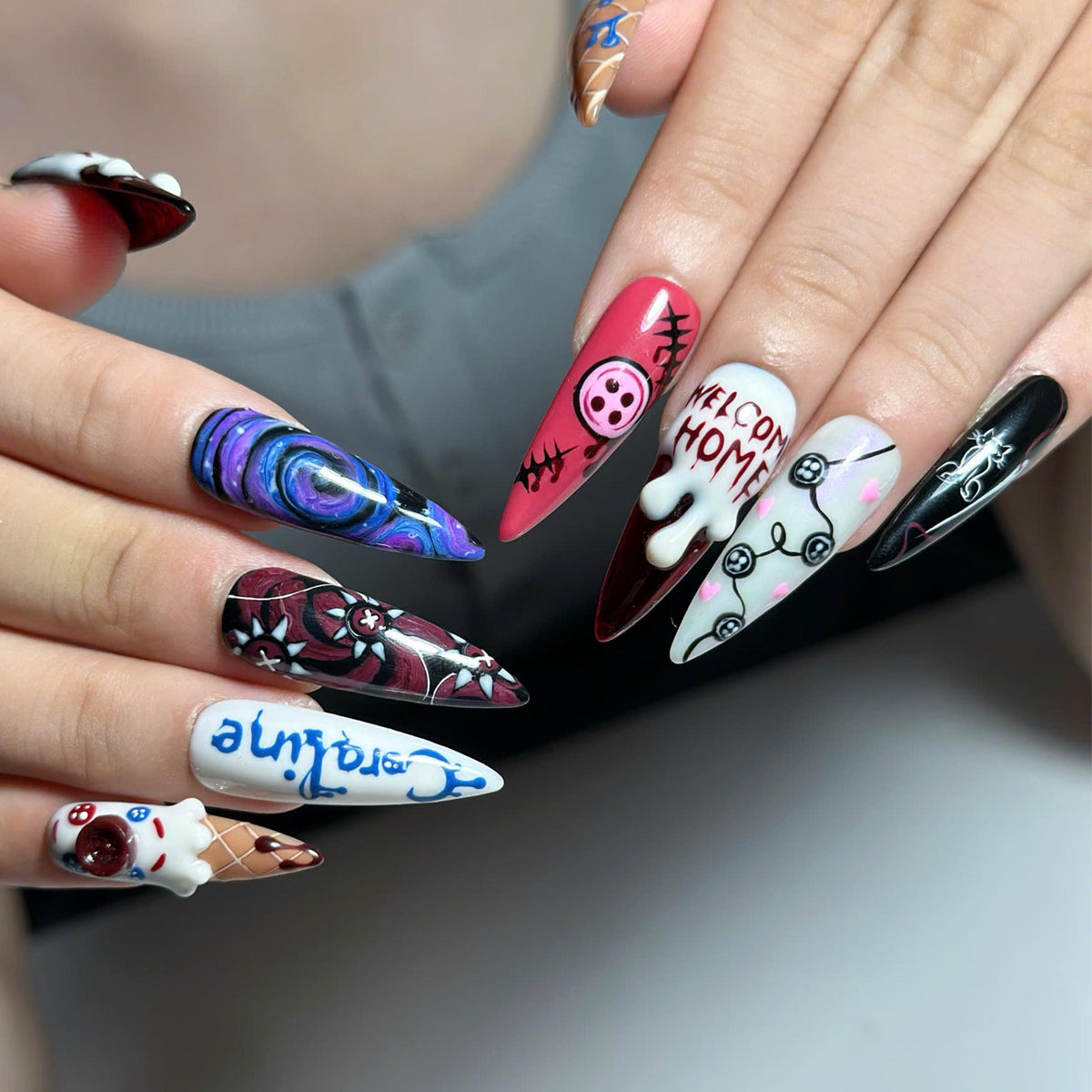 Creepy Cute Press On Nails with Button Eye Art | Dark Fantasy 3D Design | Spooky Halloween Statement Nails | JB536UC