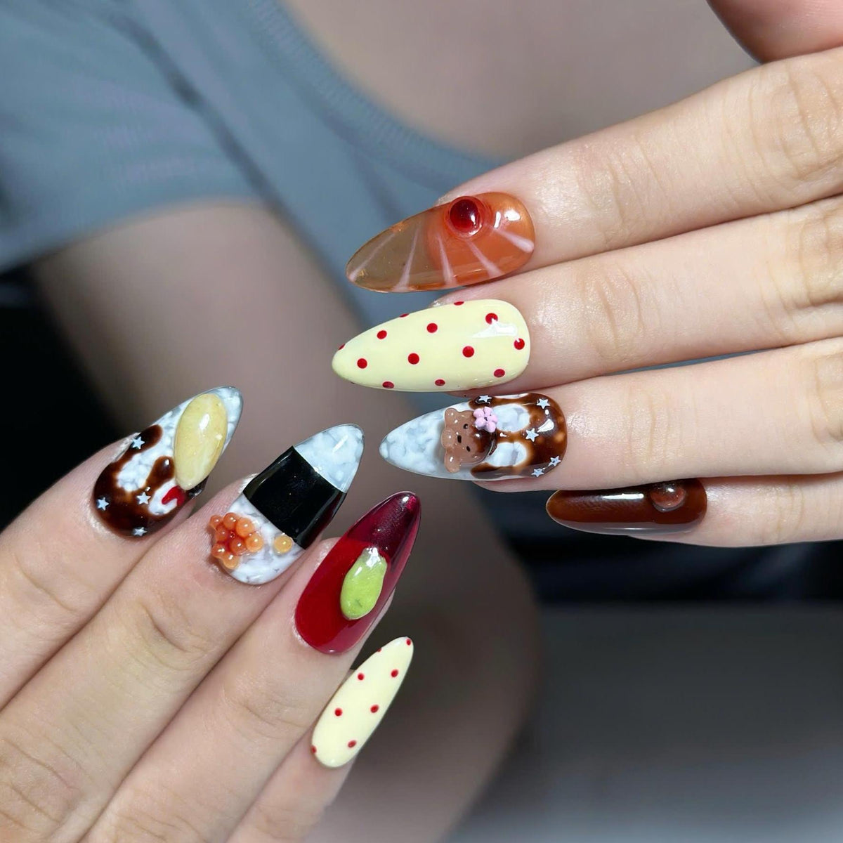 3D Food Press On Nails with Sushi & Salmon Art | Cute Japanese Food Design | Kawaii Handmade Statement Nails | JB537UC
