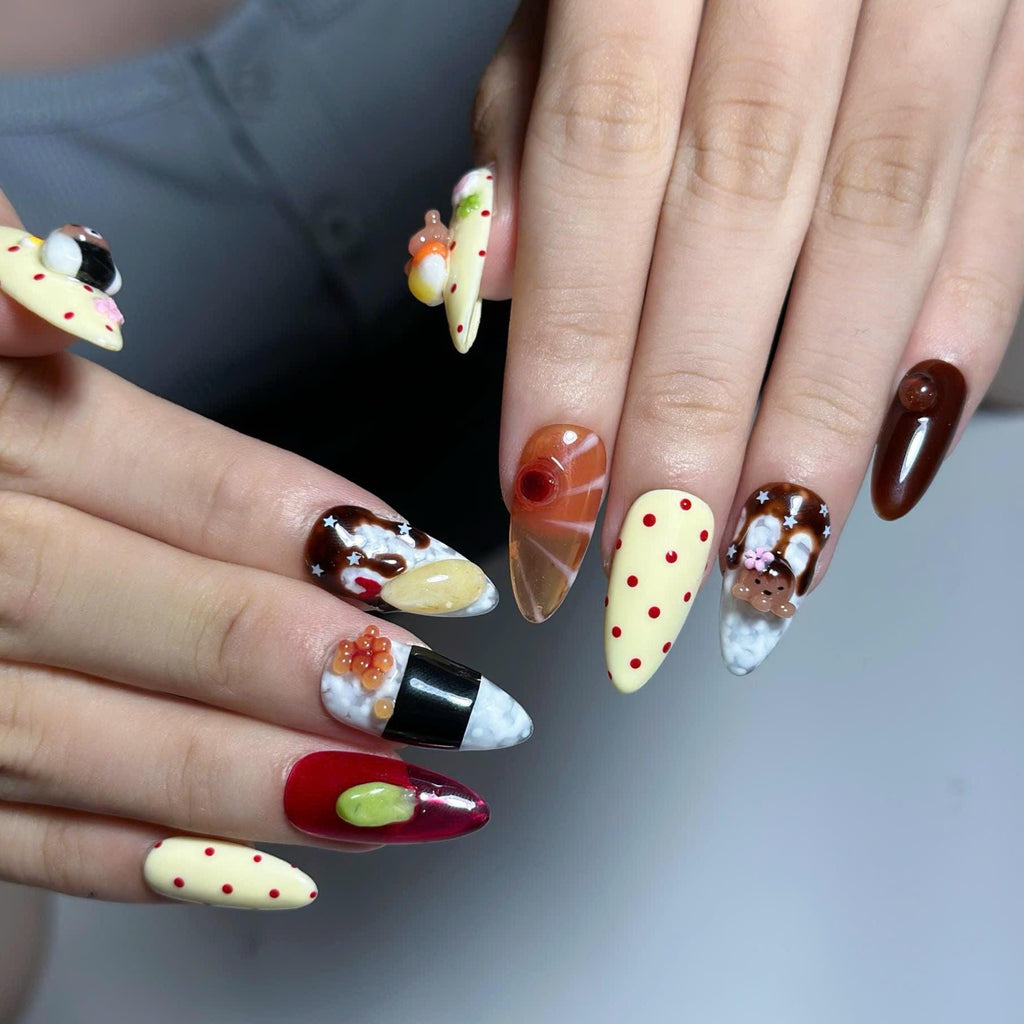 3D Food Press On Nails with Sushi & Salmon Art | Cute Japanese Food Design | Kawaii Handmade Statement Nails | JB537UC