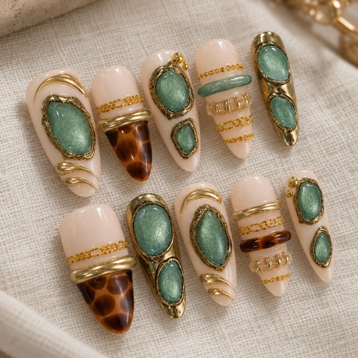 Autumn Tortoise Shell Press On Nails, Green Cat Eye Nails, Luxury Gold Chrome Set
