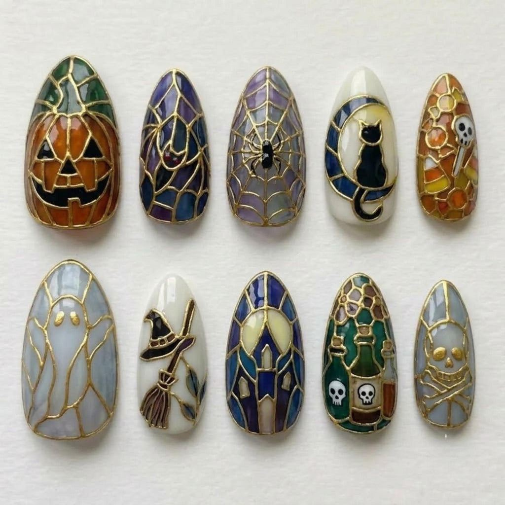 Halloween Stained Glass Press On Nails | Gothic Mosaic Window | Spooky Almond Nails | Pumpkin Ghost Nail | Gold Outline Art Nail