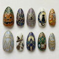 Halloween Stained Glass Press On Nails | Gothic Mosaic Window | Spooky Almond Nails | Pumpkin Ghost Nail | Gold Outline Art Nail