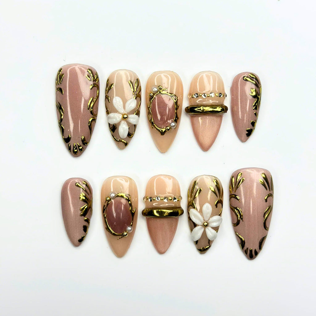 Vintage Floral Press On Nails with 3D Flower | Antique Gold Jewelry Nail Art | Elegant Nude Handmade Nails | JB519UA