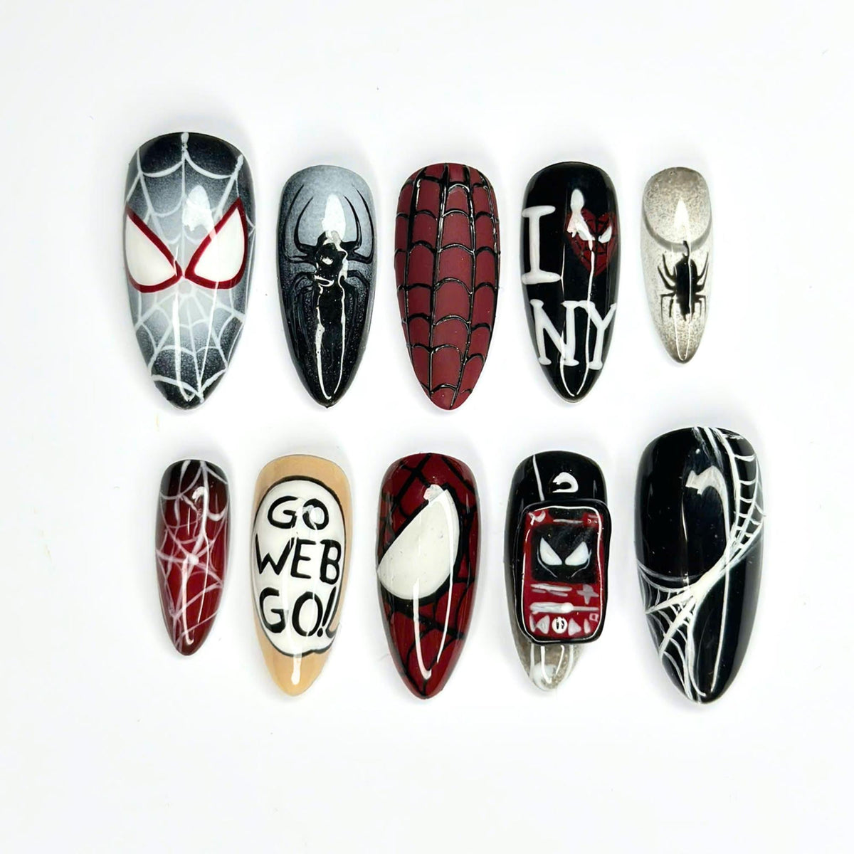 Spider Web Press On Nails with Comic Art | Red Black Superhero Almond Nails | Gothic Web Nail Art for Halloween & Cosplay | JB490UC