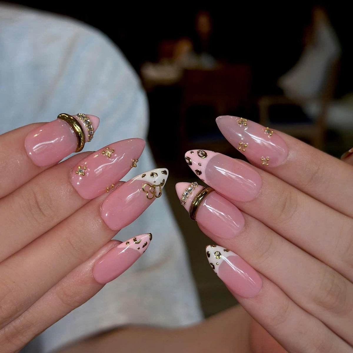 Pink Leopard Press On Nails with Gold Heart Charms | Animal Print French Tip Nails | 3D Rhinestone Handmade Nail Art | JB521UA