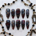 Gothic Red Rose Press On Nails | Dark Vampire Romance Art | Edgy Stiletto Nails | Gold Thorny Vines Nail | 3D Sculpted Floral Nail