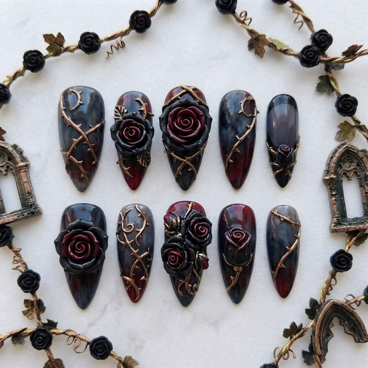 Gothic Red Rose Press On Nails | Dark Vampire Romance Art | Edgy Stiletto Nails | Gold Thorny Vines Nail | 3D Sculpted Floral Nail