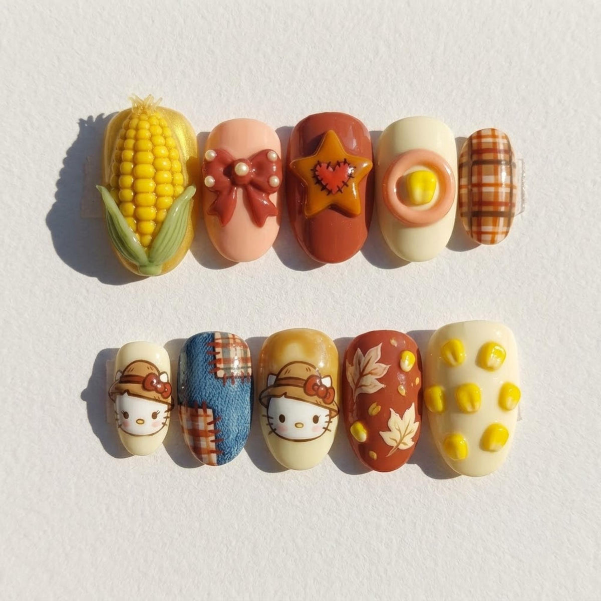 Hello Kitty Fall Press On Nails | Cozy Harvest Inspiration | Cute 3D Short Oval Nails | Corn Plaid Leaf Nail | Kawaii Character Nail