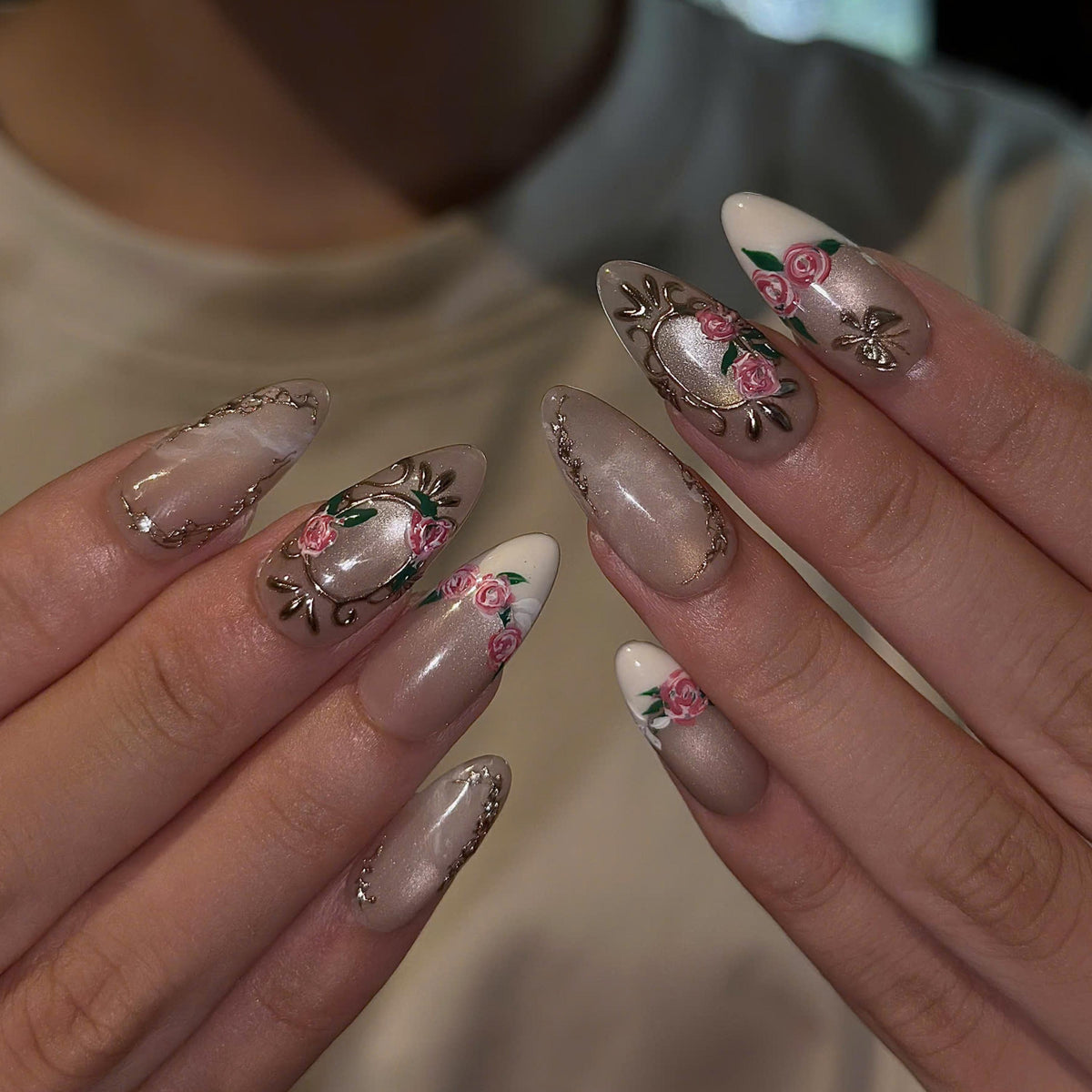 Rose Press On Nails with 3D Floral Art | Vintage Gold Frame & Butterfly | Romantic Handmade Nails | JB539UC