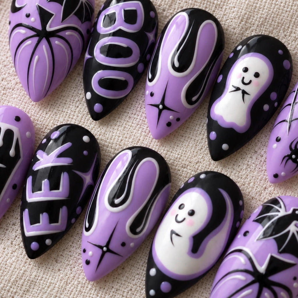 Purple Halloween Press On Nails, Ghost Bat Spider Web Spooky Nails