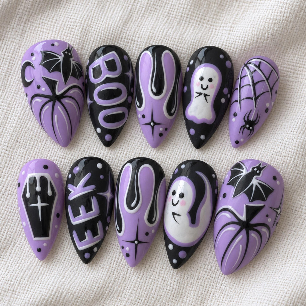Purple Halloween Press On Nails, Ghost Bat Spider Web Spooky Nails