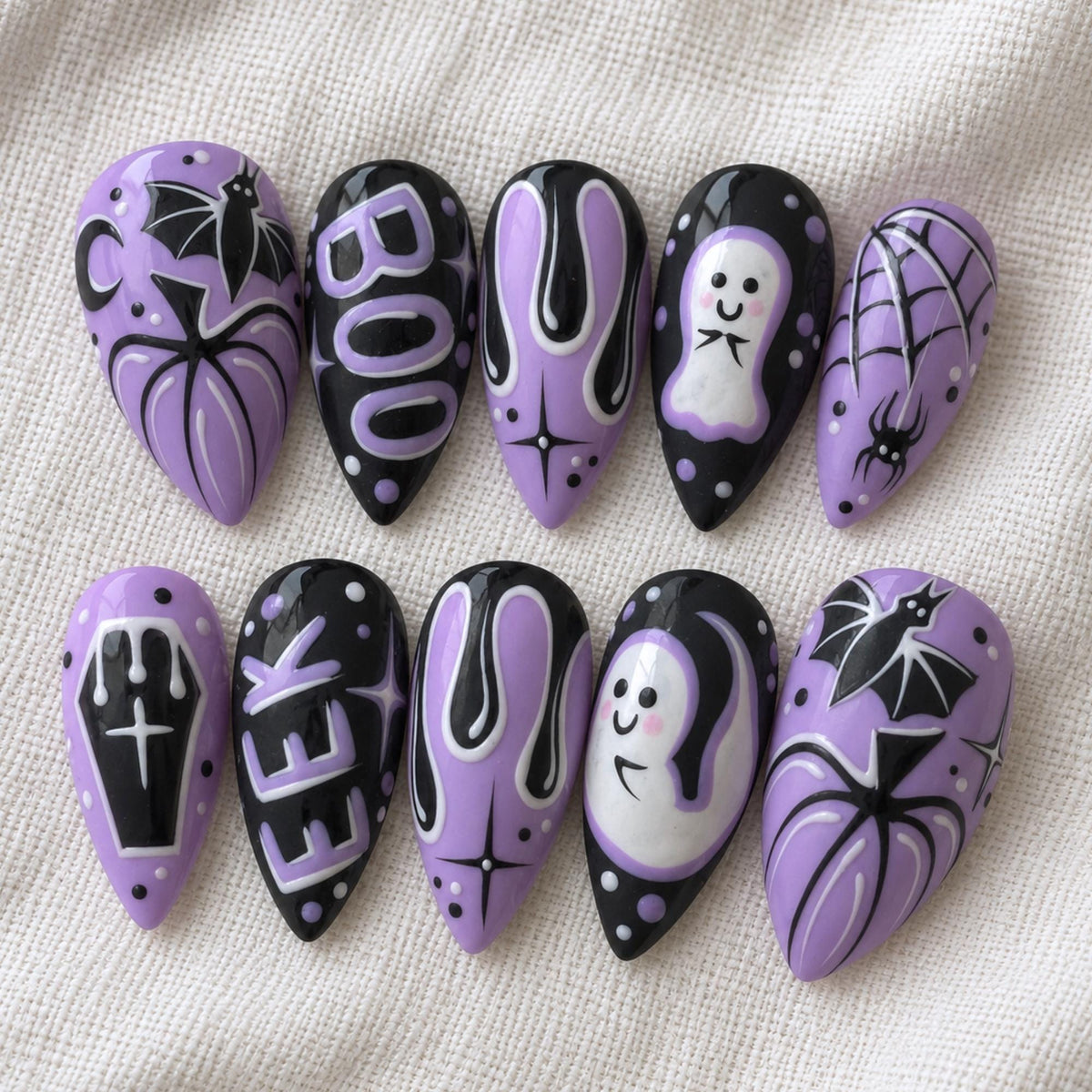 Purple Halloween Press On Nails, Ghost Bat Spider Web Spooky Nails