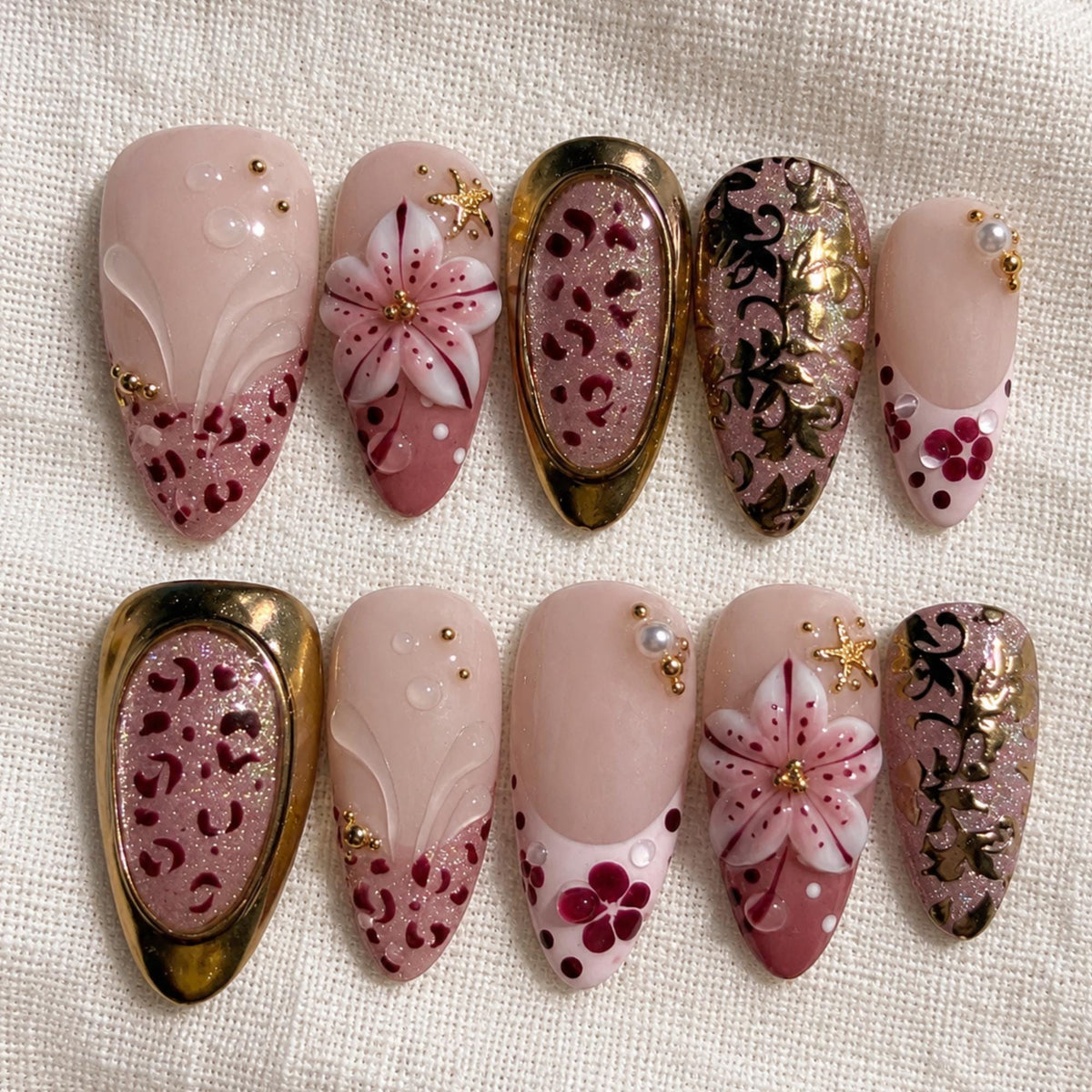 Burgundy Floral Press On Nails, 3D Flower Leopard Nails, Luxury Gold Nail Art