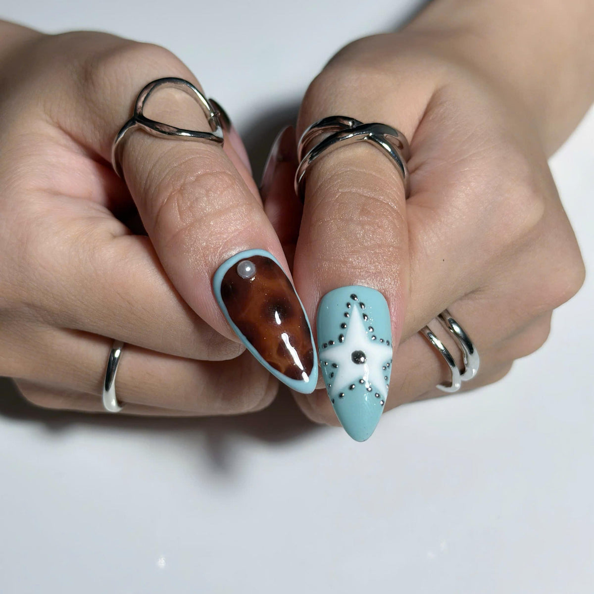 Y2K Press On Nails with Chrome Star Design | Brown Blue Rhinestone Nail Art | Retro Futuristic Handmade Nailst | JB522UC