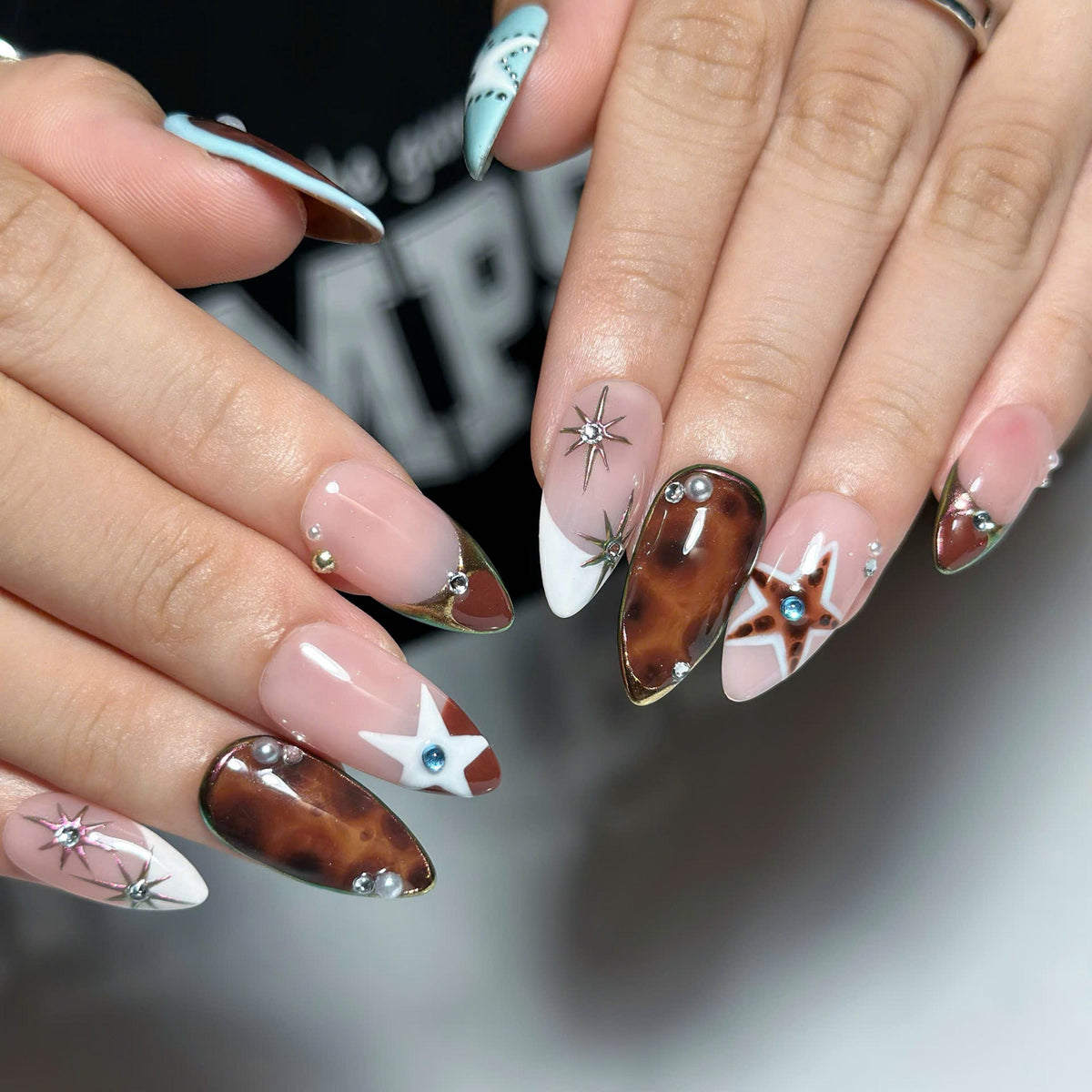 Y2K Press On Nails with Chrome Star Design | Brown Blue Rhinestone Nail Art | Retro Futuristic Handmade Nailst | JB522UC