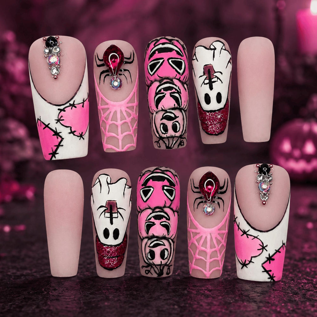 Pink Halloween Press On Nails, Gothic Spiderweb Nails, Creepy Cute Nail Art