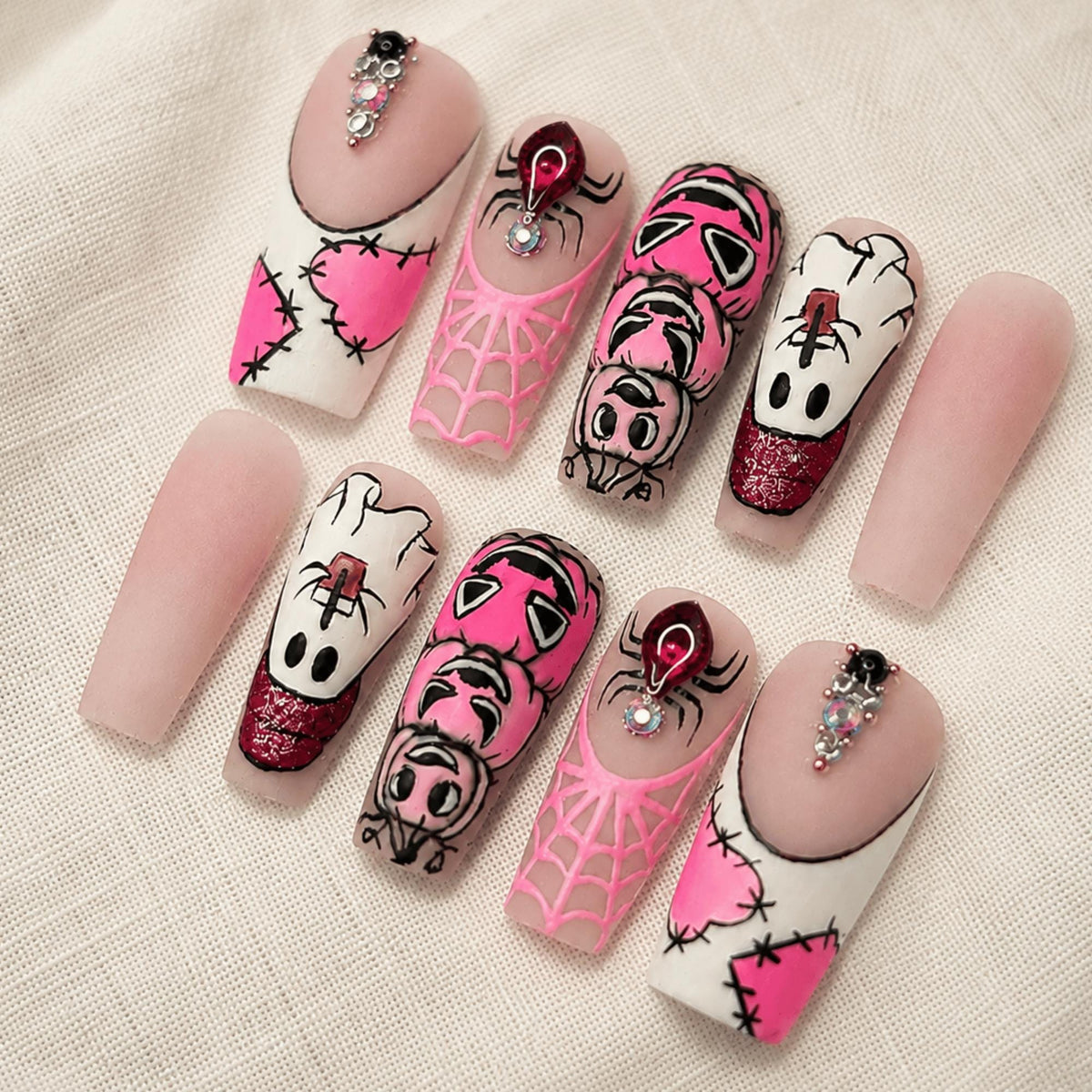 Pink Halloween Press On Nails, Gothic Spiderweb Nails, Creepy Cute Nail Art