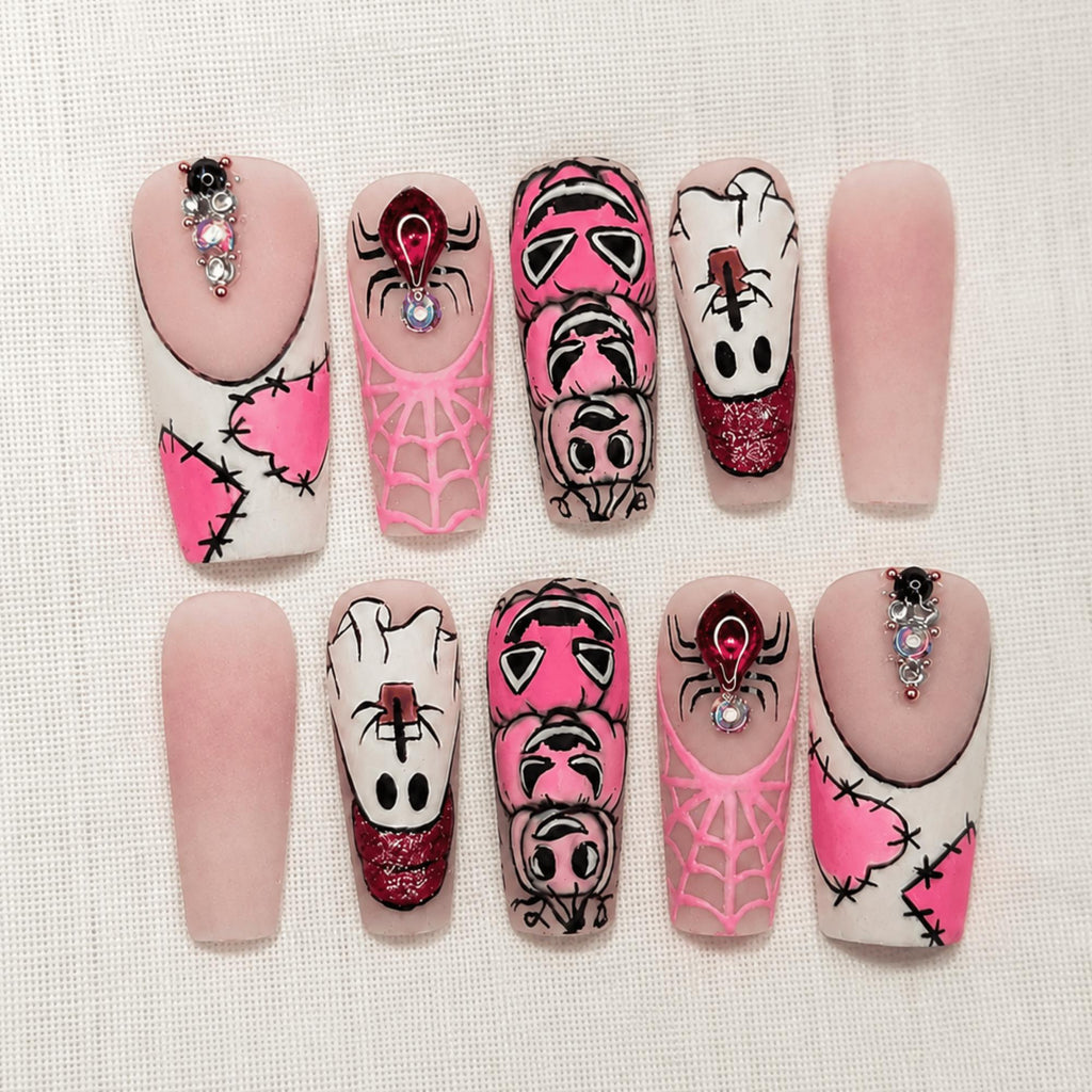 Pink Halloween Press On Nails, Gothic Spiderweb Nails, Creepy Cute Nail Art