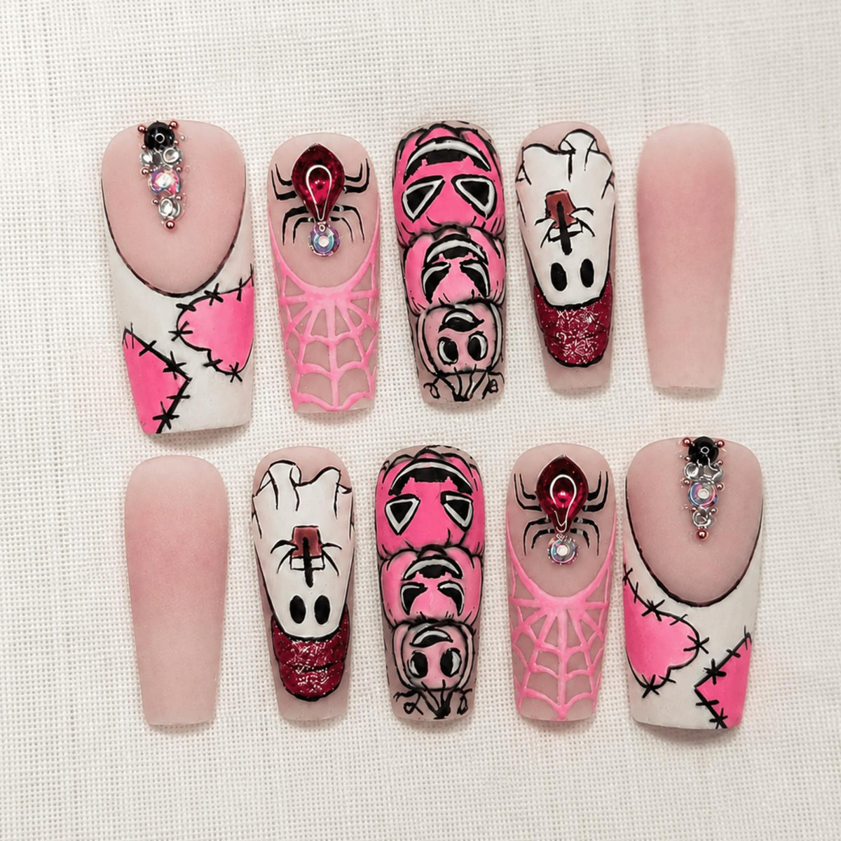 Pink Halloween Press On Nails, Gothic Spiderweb Nails, Creepy Cute Nail Art